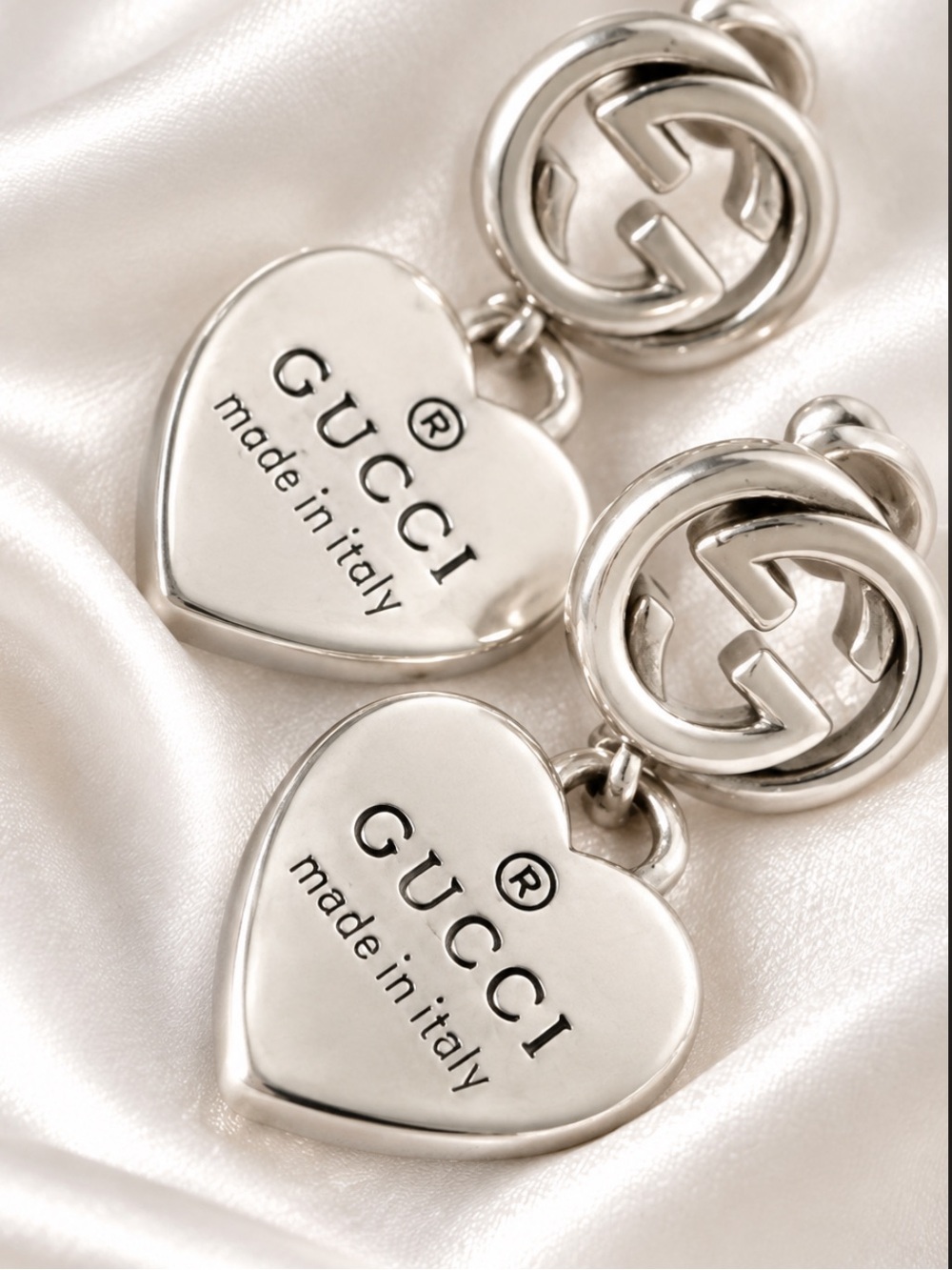 Gucci Silver Heart Drop Logo Earrings